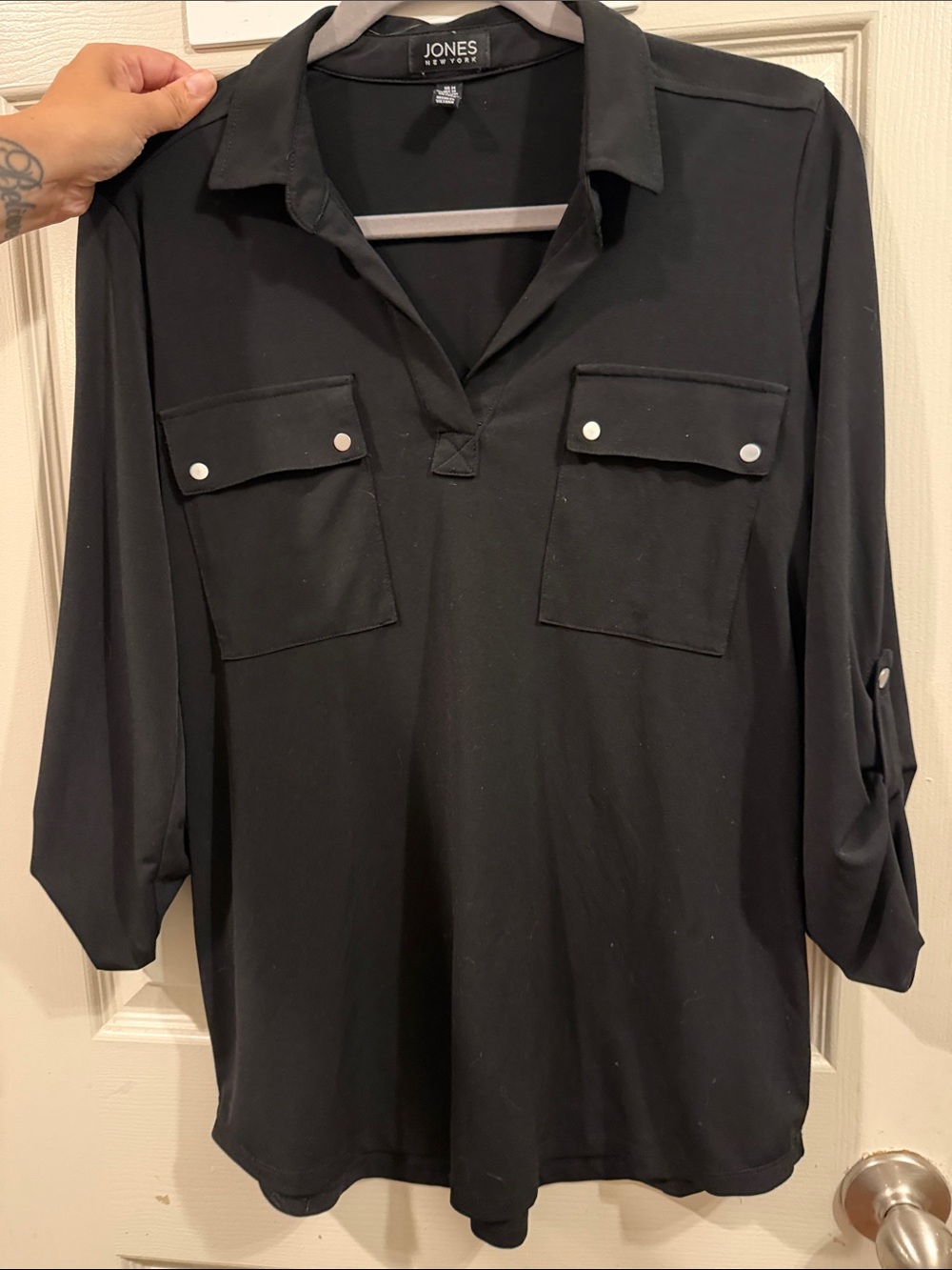 Jones New York Black Collared Utility Tunic with Front Flap Pockets
